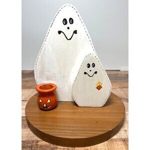 Wooden Halloween Ghost & Pumpkin Figurine Candle Holder